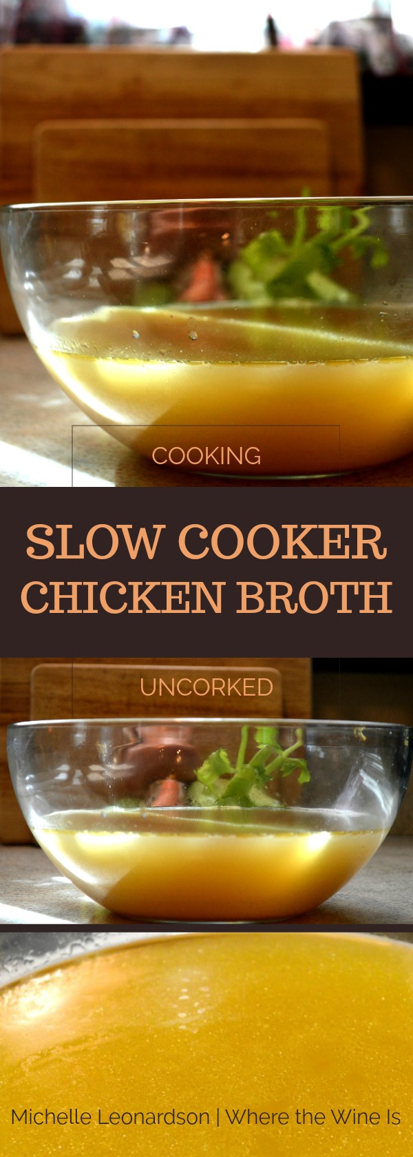 Slow cooker chicken broth is super easy and the addition of wine adds a nice, smooth flavor. Freeze, thaw and enjoy as needed!